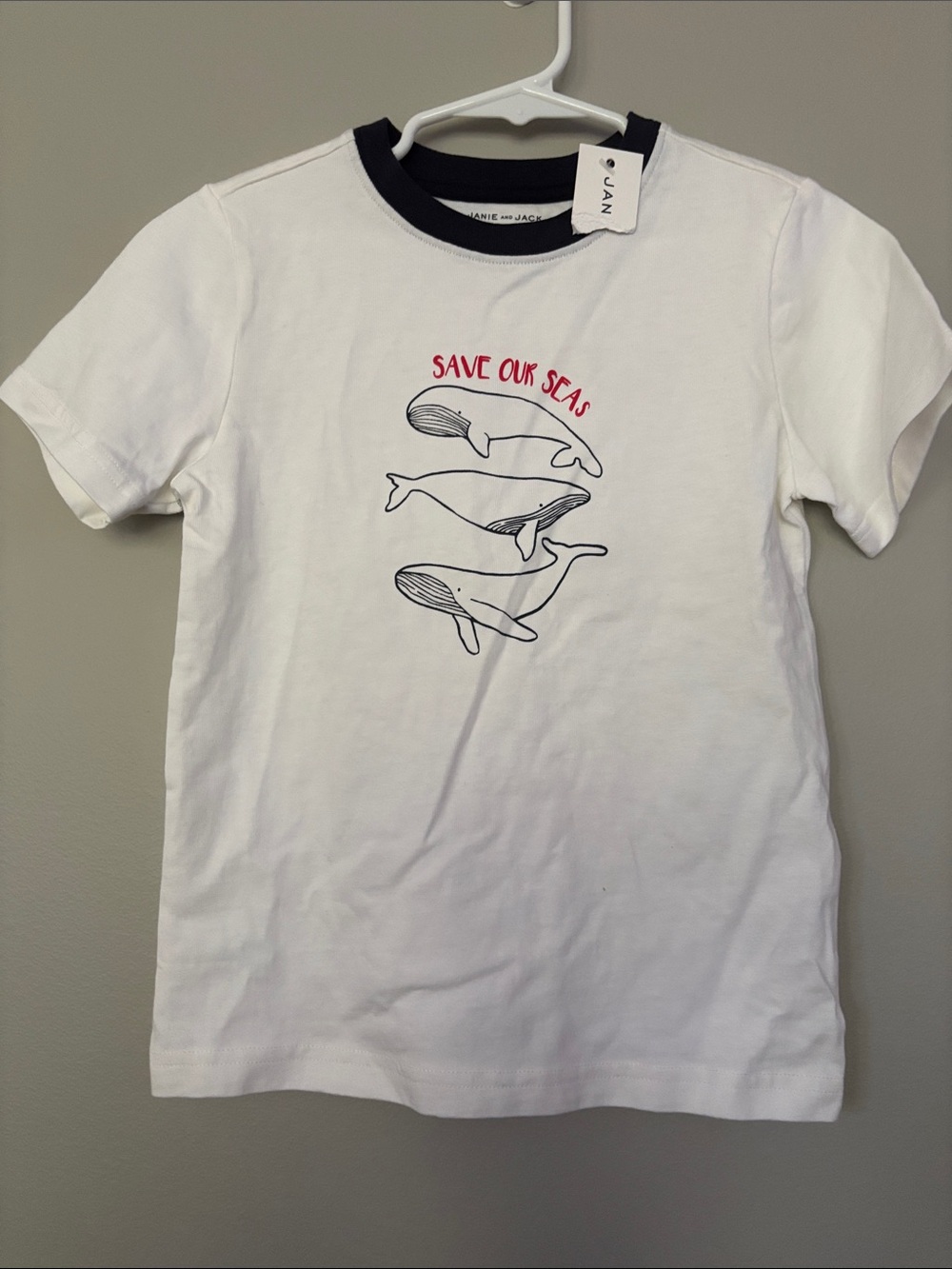 Janie and Jack White Tee with Navy Trim and Red 'Save Our Seas' Graphic